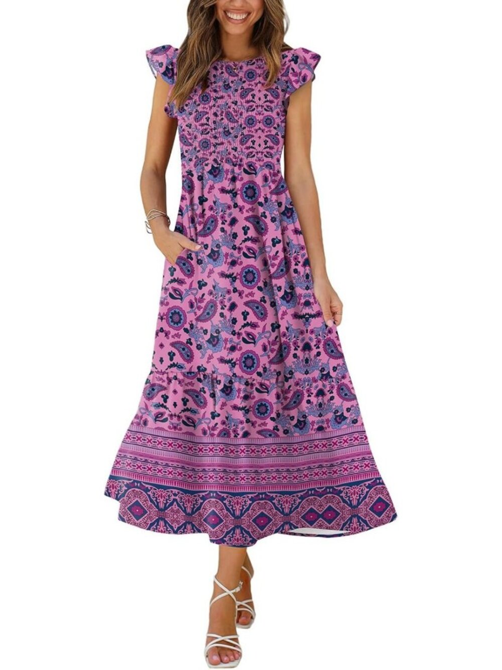Stylish Casual Maxi Dress with Pockets, Ruffle Sleeves, Smocked Design, XS-2XL
